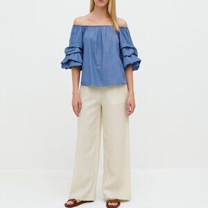 Zara Woman XS Blue Off Shoulder Ruffle Sleeve Blouse Romantic Resortwear